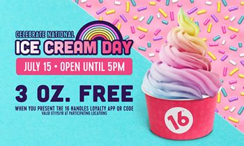16 Handles Celebrates National Ice Cream Day with Free Ice Cream and Launches First Gelato Flavor
