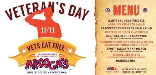 Arooga’s To Thank Veterans with Free Meal at all 9 Central Penn Restaurants on Veterans Day