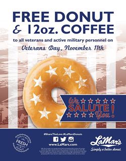 LaMar’s Donuts Honors Veterans and Active Military November 11 with Free Donut and Coffee