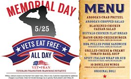 Vets and Troops Eat Free on Monday, May 25 as Arooga’s Honors Memorial Day