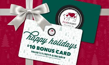 Zinburger Wine & Burger Bar Holiday Gift Card Promotion: Free $10 Bonus Card with $50 Gift Card Purchase