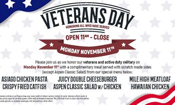 Aspen Creek Grill Honors Both Active-Duty and Veterans on Monday, November 11th with a Complimentary Meal