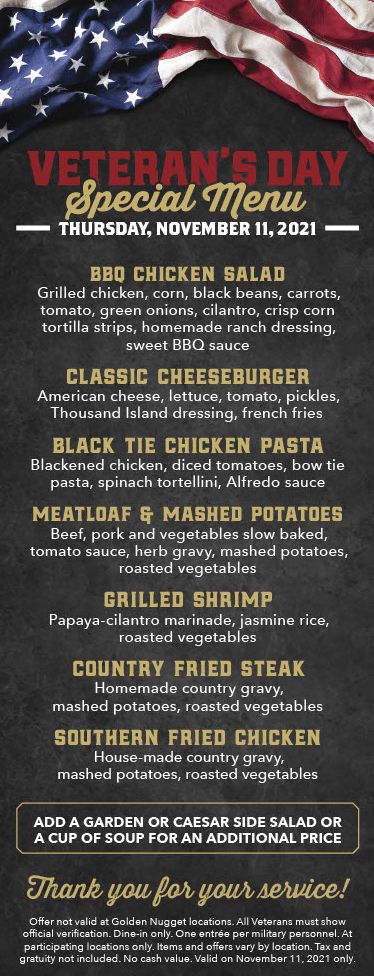 Claim Jumper Steakhouse & Bar Will Be Celebrating Veterans Day, Thursday November 11th With a Free Meal for Veterans and Active Military Members