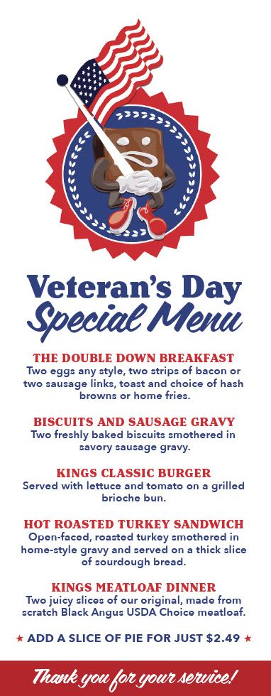 Kings Family Restaurant Will Be Celebrating Veterans Day, Thursday November 11th With a Free Meal for Veterans and Active Military Members