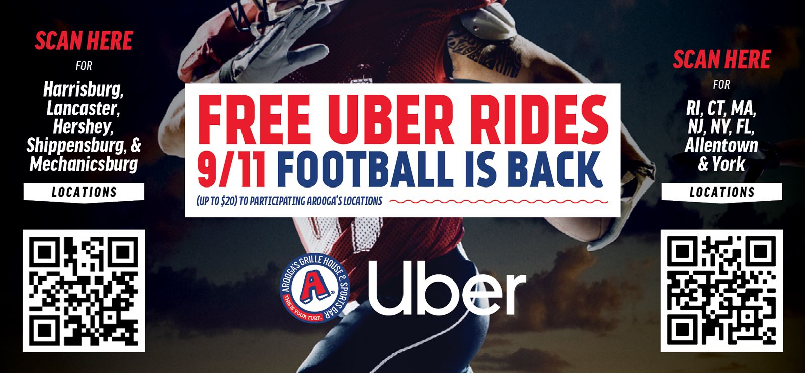 Arooga's Grille House & Sports Bar is Giving Away Free Uber Rides for the First NFL Sunday Arooga's Grille House & Sports Bar is Giving Away Free Uber Rides for the First NFL Sunday