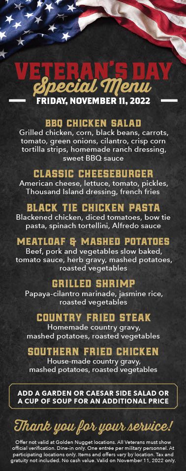 Claim Jumper Steakhouse & Bar Will Be Celebrating Veterans Day, Friday, November 11th With a Free Meal for Veterans and Active Military Members