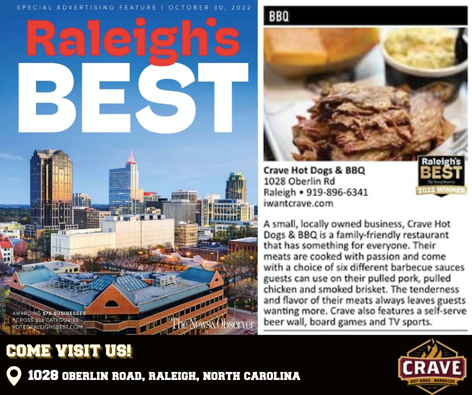 Crave Hot Dogs & BBQ in Raleigh, NC Awarded Best BBQ Restaurant by Raleigh’s Best 2022 Crave Hot Dogs & BBQ in Raleigh, NC Awarded Best BBQ Restaurant by Raleigh’s Best 2022