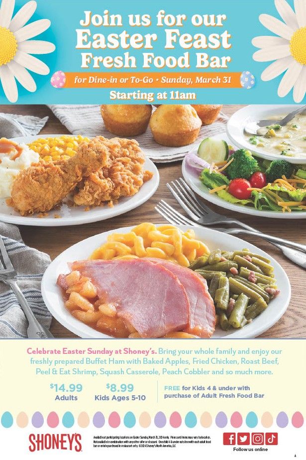 Shoney's Invites America to Enjoy Its Easter Feast This Sunday (March 31, 2024) With an All You Care to Eat Freshly Prepared Fresh Food Bar Featuring Delicious Holiday Favorites