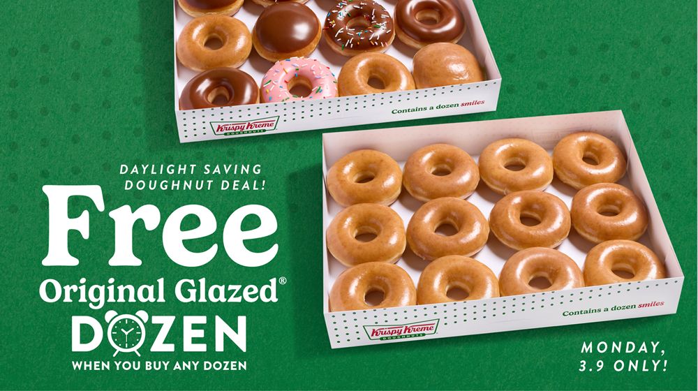 Krispy Kreme Helps Fans 'Spring Forward' with Sweet Deal: FREE Original Glazed Dozen on Monday with Purchase of Any Dozen Krispy Kreme Helps Fans 'Spring Forward' with Sweet Deal: FREE Original Glazed Dozen on Monday with Purchase of Any Dozen