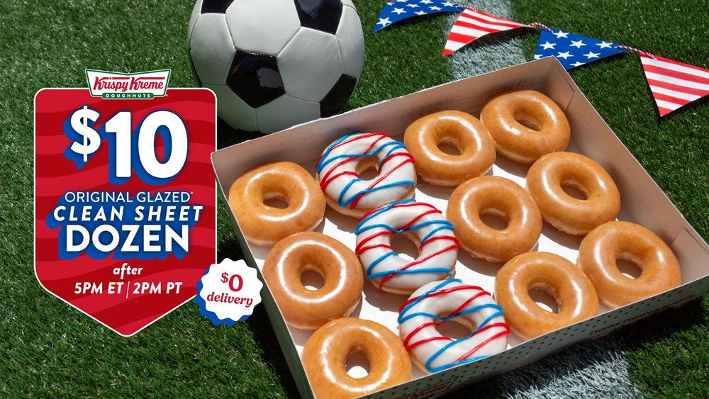 Krispy Kreme Introduces $10 Original Glazed Clean Sheet Dozen Featuring 'Red, White and Goooaaal' Doughnut for America's Match Wednesday Krispy Kreme Introduces $10 Original Glazed Clean Sheet Dozen Featuring 'Red, White and Goooaaal' Doughnut for America's Match Wednesday