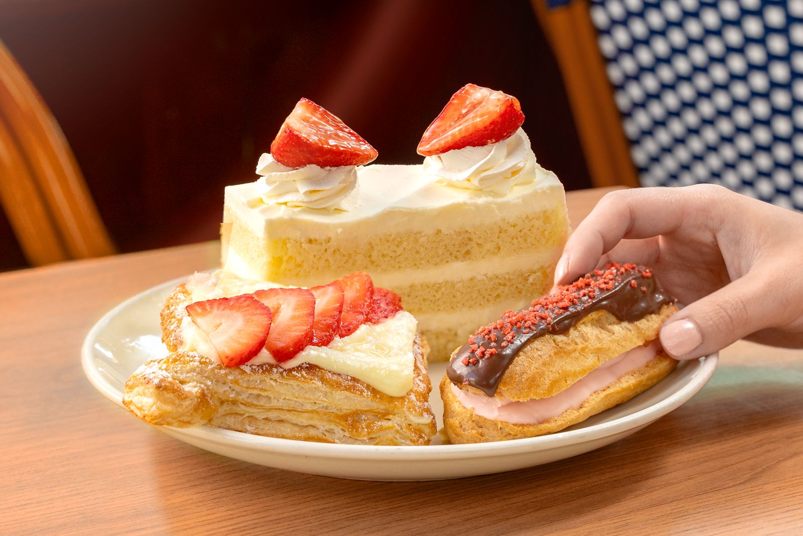 la Madeleine Strawberry Chocolate Éclair and Strawberry Chantilly la Madeleine Welcomes Summer with Fresh Salads, Croissant Croutons and Strawberry Sweets