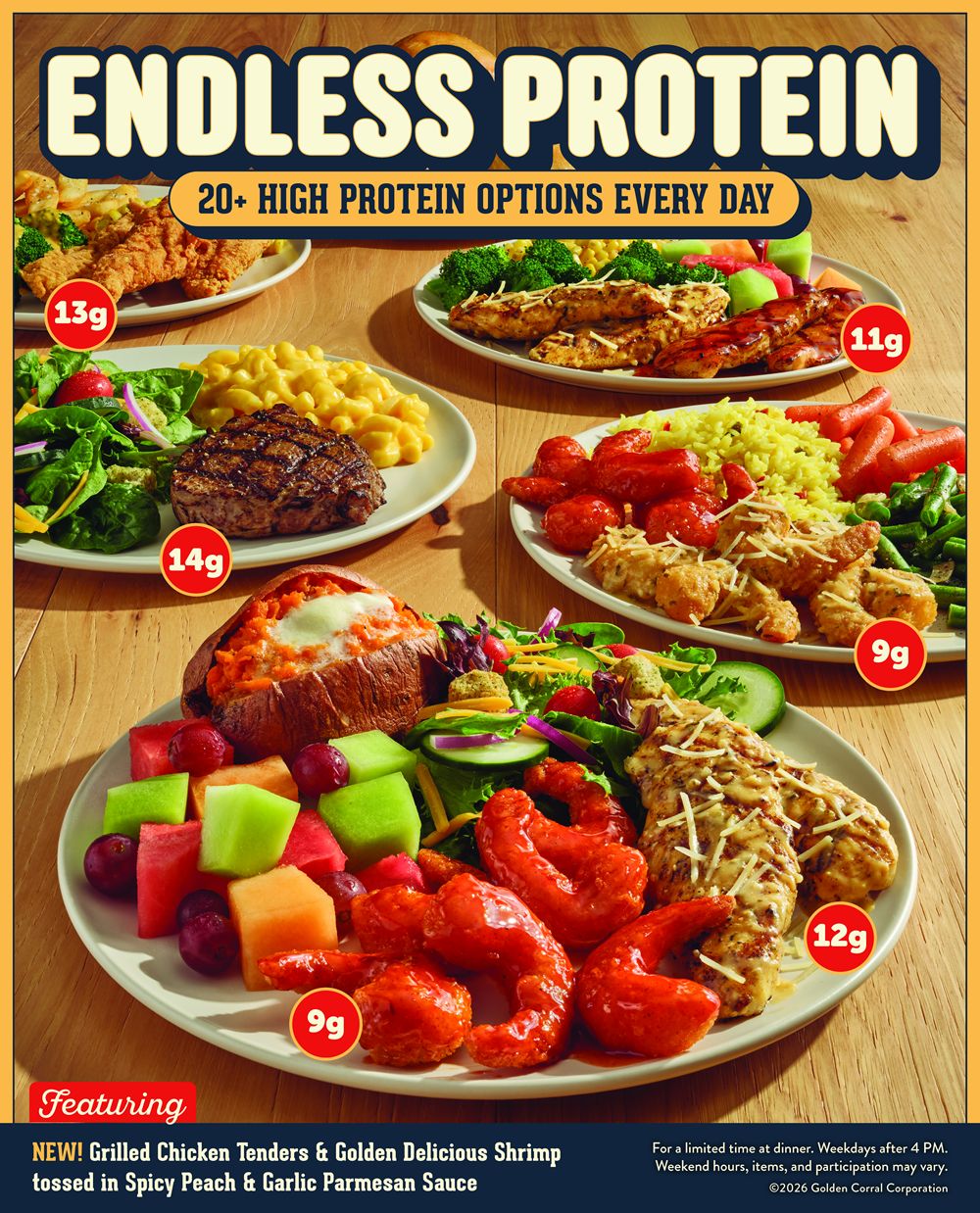 Protein for Every Plate: Golden Corral Offers 20+ High-Protein Selections Daily Featuring NEW Grilled Chicken Tenders and Golden Delicious Shrimp Tossed in Spicy Peach & Garlic Parm Protein for Every Plate: Golden Corral Offers 20+ High-Protein Selections Daily Featuring NEW Grilled Chicken Tenders and Golden Delicious Shrimp Tossed in Spicy Peach & Garlic Parm