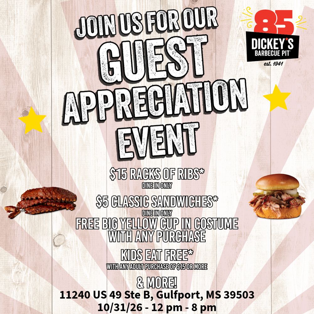 Trick or Treat Yourself to Texas Barbecue! Dickey's Barbecue Pit in Gulfport Celebrates Community with Halloween Guest Appreciation Event Trick or Treat Yourself to Texas Barbecue! Dickey's Barbecue Pit in Gulfport Celebrates Community with Halloween Guest Appreciation Event